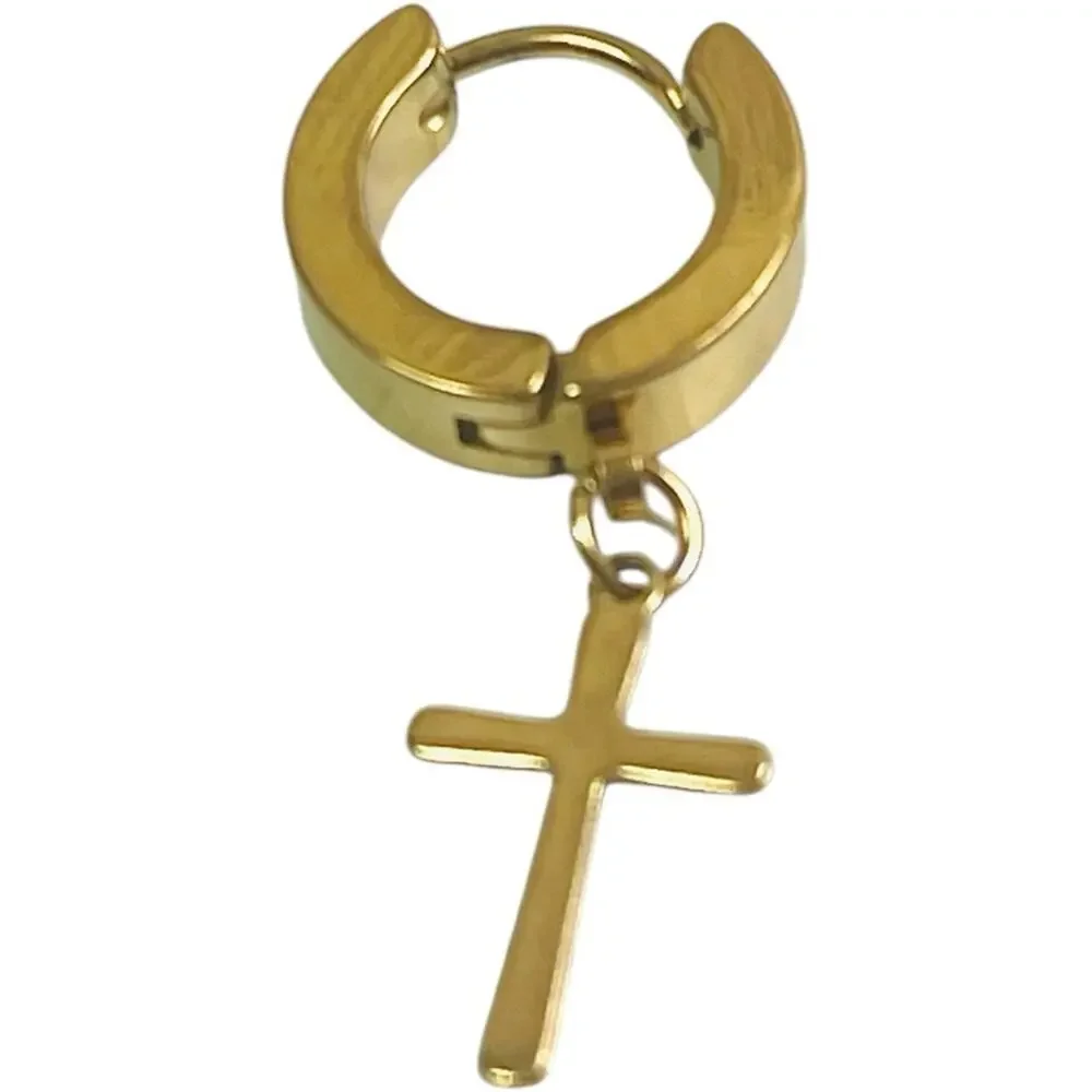 Gold Huggie Hoop Earrings with Cross Charm